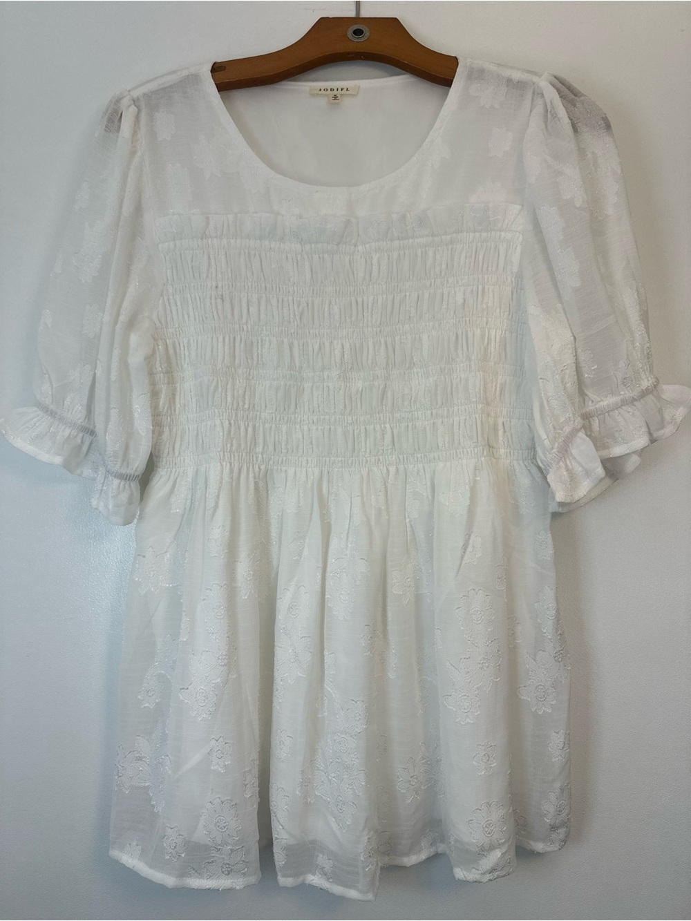 JODIFL White Smocked Peasant Tunic with Puff Sleeves